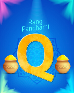 Rang Panchami festival graphic with letter Q and color pots