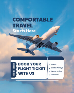 Airplane flying with a ticket graphic promoting flight bookings.