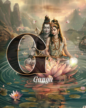 Lord Shiva and Goddess Parvati seated on a lotus with the Ganga river flowing around them, with the letter 'G' prominently displayed.