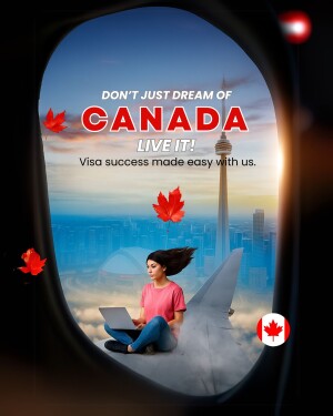 Woman with laptop looking at a view of Toronto through an airplane window, promoting Canada visa services.
