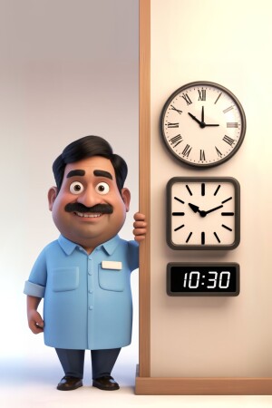 3D rendering of a cartoon man peeking from behind a wall with clocks