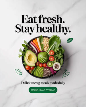 A vibrant fresh vegetable salad bowl on a white marble background with promotional text.