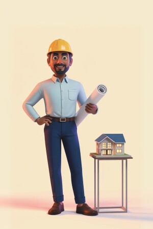 A 3D rendering of a smiling construction worker holding blueprints with a house model in the background.