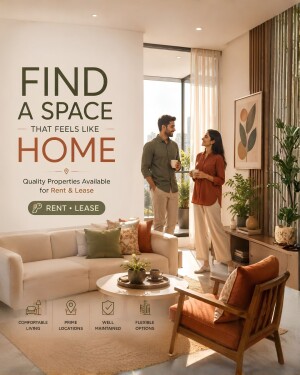 A young couple standing in a modern, brightly lit living room with a sofa and coffee table, advertising rental properties.