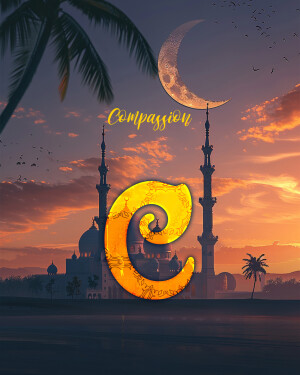 A crescent moon over a mosque with a large golden letter 'C' in the foreground.