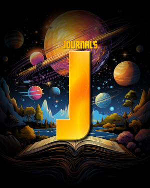 Illustration of a large letter 'J' against a backdrop of planets, stars, and a landscape with an open book.