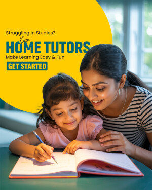 A young woman tutoring a little girl, promoting home tutoring services.
