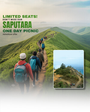 Group of people hiking up a hill towards Saputara, promoting a one-day picnic.