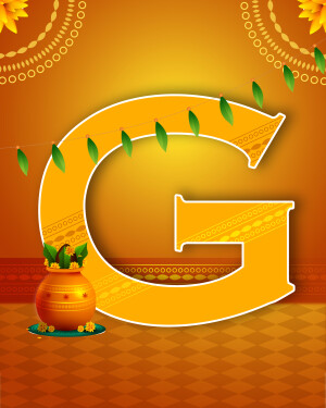 Letter G decorated with traditional Indian elements like marigolds, a pot, and leaves.