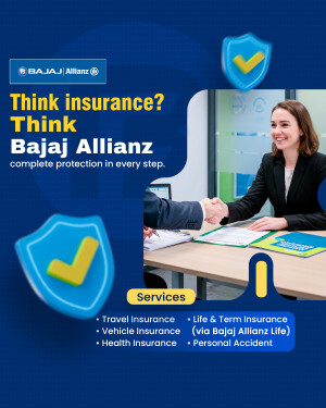 Bajaj Allianz Insurance advertisement featuring a woman and a handshake.