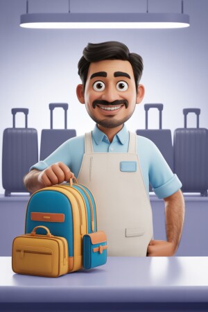 3D rendering of a friendly travel agent holding a backpack with suitcases in the background.