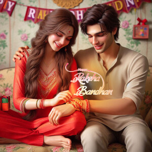 A brother and sister celebrating Raksha Bandhan, with the sister tying a rakhi on her brother's wrist.