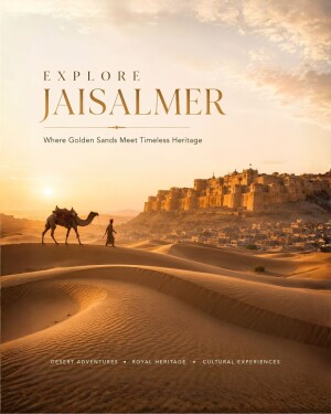 A panoramic view of Jaisalmer Fort with a person leading a camel across the golden sand dunes at sunset.