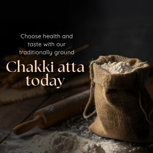 Bag of Chakki Atta with rolling pin and wheat stalks