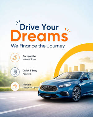 A blue car driving on a road under the text Drive Your Dreams We Finance the Journey