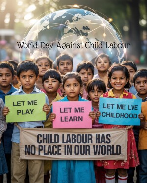 Group of children holding signs advocating against child labour with a globe in the background.
