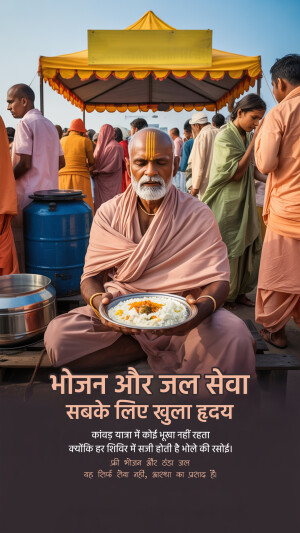 A portrait of an Indian holy man offering a plate of food.