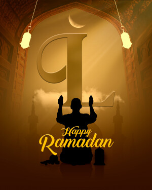 Ramadan greeting with a silhouette of a person praying and a crescent moon