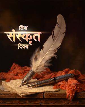 Image depicting a feather quill, inkwell, and ancient book with Sanskrit text.