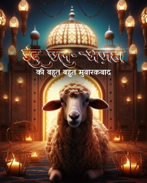 Eid al-Adha greeting with a lamb and mosque background