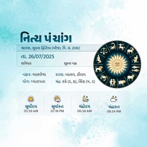 Gujarati calendar with astrological signs and weather icons