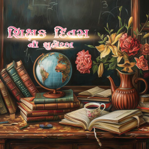 Still life painting with books, globe, flowers, and a teacup, celebrating Teachers Day.