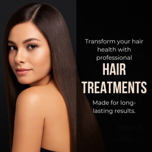 Woman with long, healthy hair promoting hair treatments