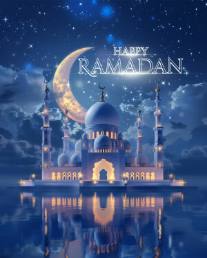 Ramadan greeting with a crescent moon, mosque, and starry night sky