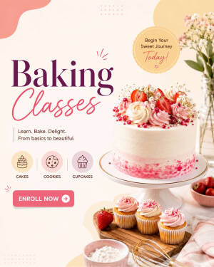 Decorative advertisement for professional baking classes featuring a gourmet strawberry cake and cupcakes