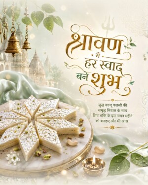 Kaju Katli sweets arranged on a platter with festive decorations for Shravan festival