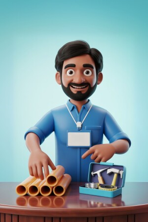 3D rendering of a smiling plumber with tools and pipes
