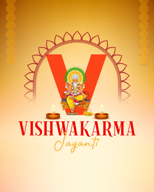Vishwakarma Jayanti greeting with Lord Vishwakarma and decorative elements