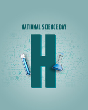 National Science Day graphic with a large letter 'H' and science equipment