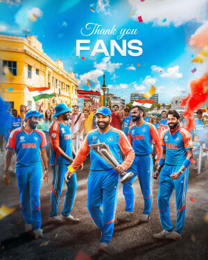 Indian cricket team celebrating with trophy and fans in front of a stadium