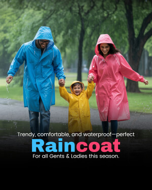 Family wearing colorful raincoats walking in the rain