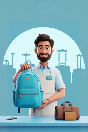A 3D rendered illustration of a smiling travel agent holding a blue backpack with suitcases in the background.