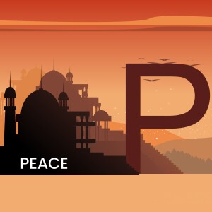 Silhouette of Indian architecture with the letter 'P' and the word 'PEACE'
