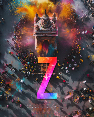 Aerial view of a Holi festival celebration with a large letter Z in the foreground.