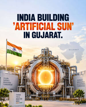 A high-tech nuclear fusion research facility with an Indian flag and a map of Gujarat state, representing India's Artificial Sun project.