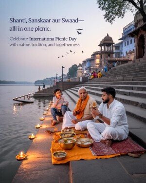 Family enjoying a picnic with traditional food by a river ghat with a palace in the background.