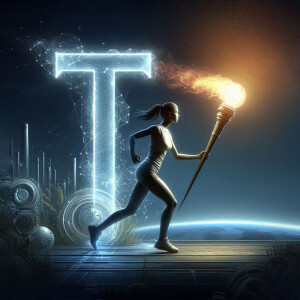 Digital illustration of a woman running with a torch in front of a large glowing letter T and a view of Earth.