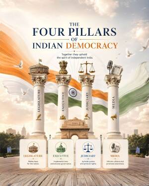 A visual infographic representing the four pillars of Indian democracy: Legislature, Executive, Judiciary, and Media with the Indian flag and India Gate in the background.