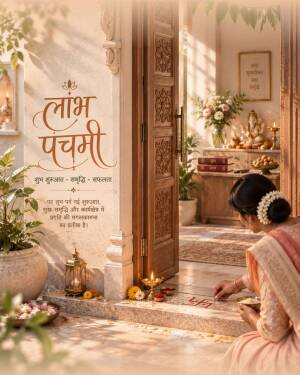 A woman creating a swastika design on the doorstep for Labh Pancham festival