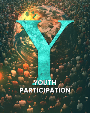 A large letter 'Y' superimposed over a globe, surrounded by a crowd of people, with the text 'YOUTH PARTICIPATION' below.