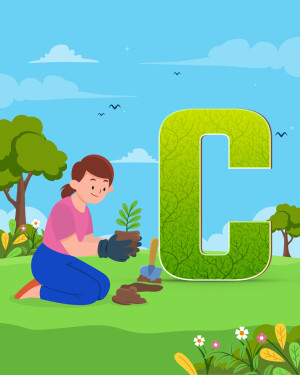 Illustration of a girl planting a seedling with a large letter C made of leaves in the background.
