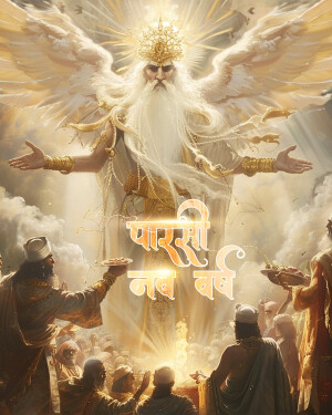 A majestic, divine figure with outstretched arms, surrounded by worshippers and glowing light.
