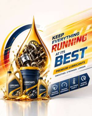 A creative advertisement featuring engine oil containers and a metallic gear assembly inside a large oil droplet, promoting premium lubricant products.