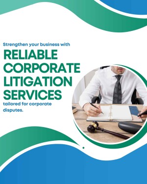Image depicting a lawyer working at his desk with text promoting corporate litigation services.