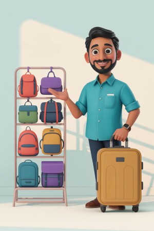 Cartoon illustration of a man presenting a variety of colorful backpacks and a suitcase.