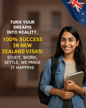 Smiling young woman with a backpack and New Zealand flag in the background, promoting visa services.
